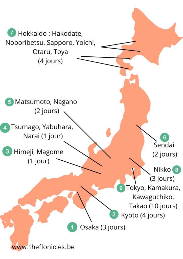 carte du japon avec les différentes étapes du voyage d'un mois