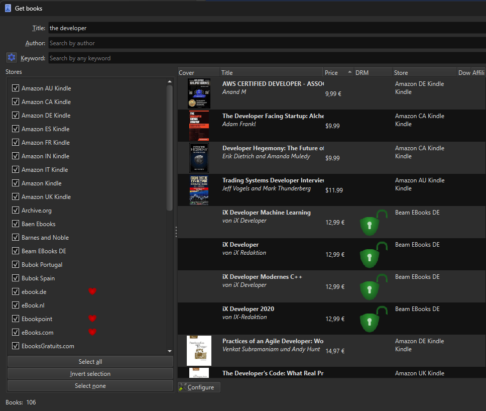 A screenshot of the "Get books" tool of Calibre, with the search result showing books on different shops with and without DRM protection